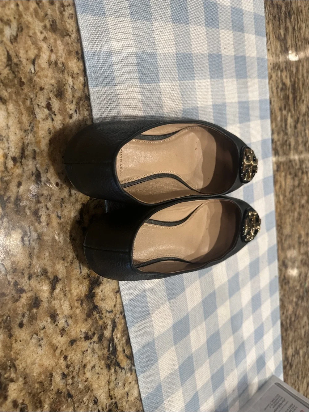 Tory Burch Black Leather Ballet Flats with Gold Logo Medallion